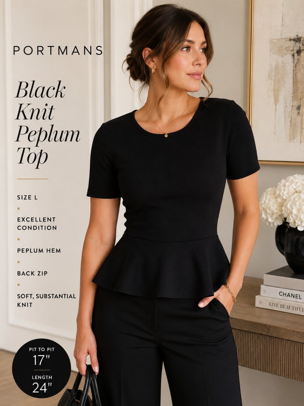 Portmans Black Knit Peplum Top Short Sleeve Back Zip Size L